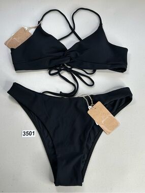 Berlook Bikini Set Large Black Ribbed Backless Top Low Waisted Bottom New